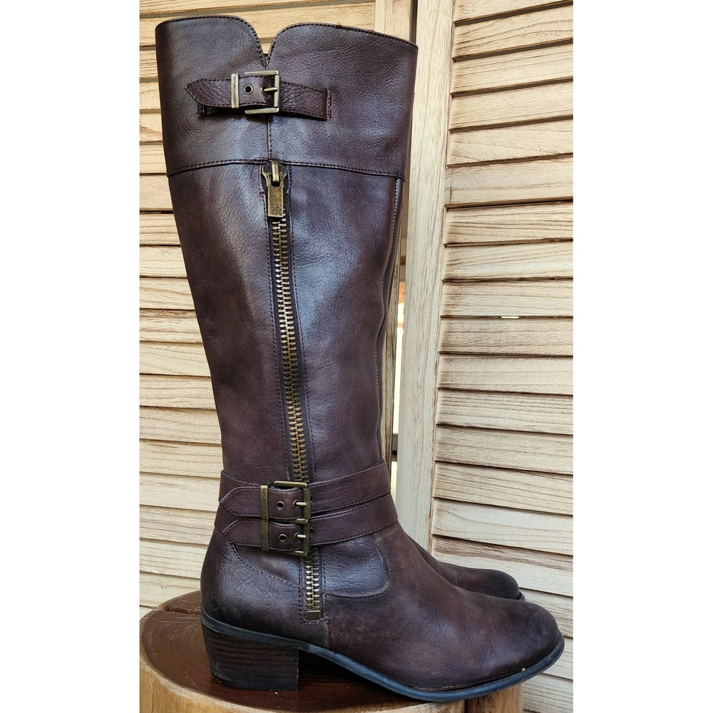 Arturo Chiang Sz 8.5 Brown Leather Tall Riding Boots Buckle Moto Preppy Fall